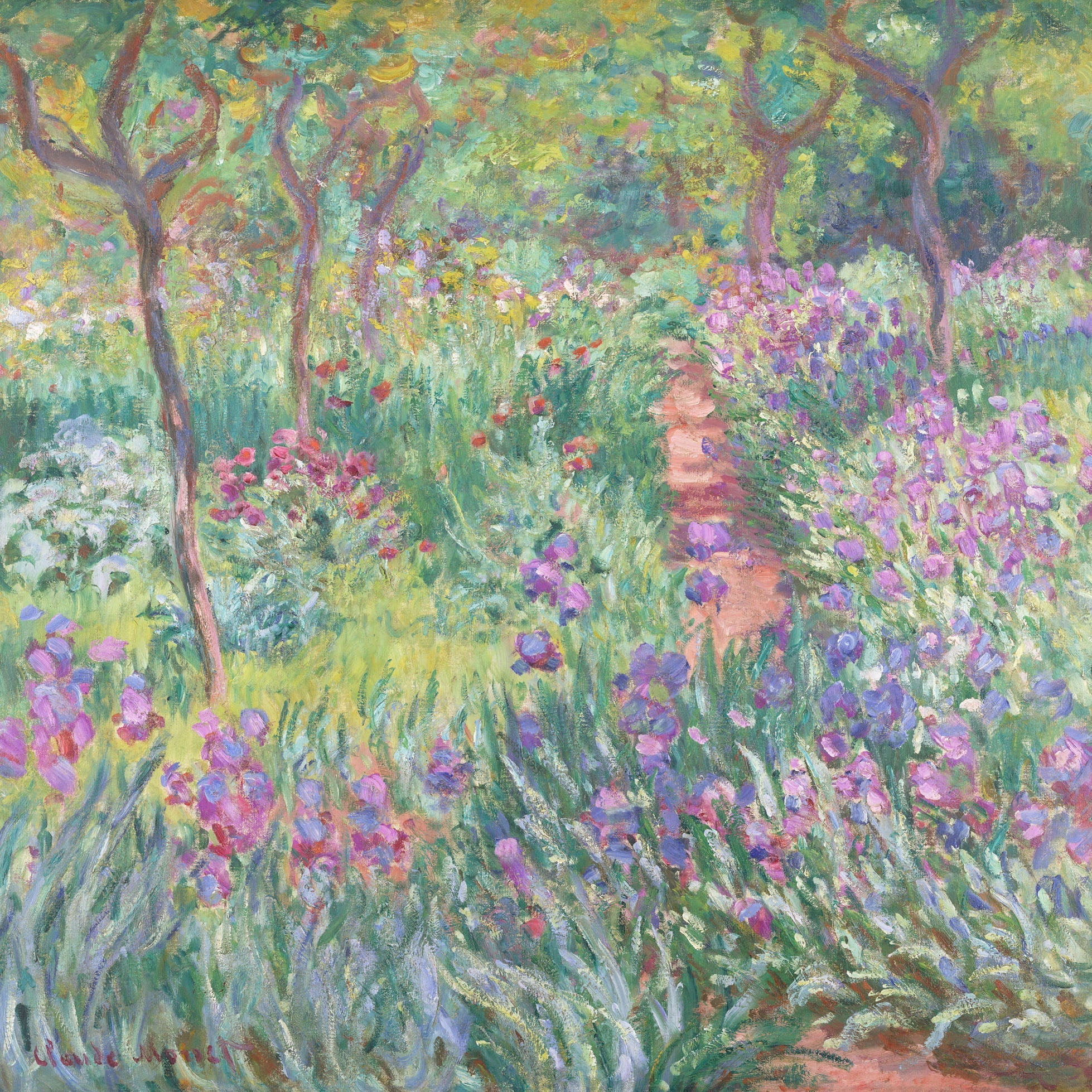 Impressionist painting by Claude Monet of a vibrant garden in Giverny, showcasing colorful flowers, lush greenery, and a peaceful pathway.