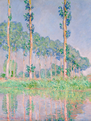 Vintage Impressionist painting "Poplars Pink Effect 1891" by Claude Monet, featuring poplar trees reflected in tranquil waters with pastel pink and purple hues.