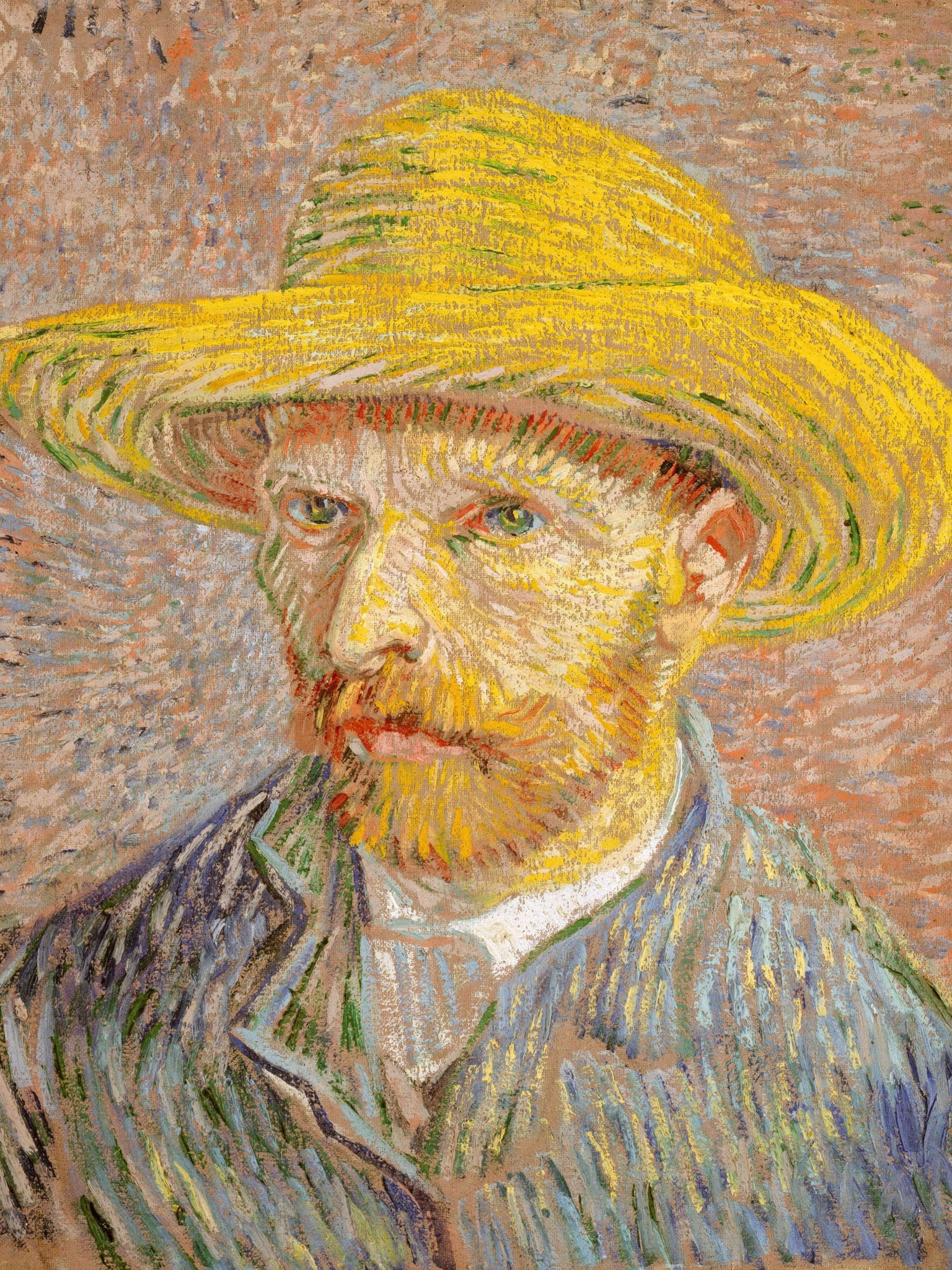 Vintage Post-Impressionist self-portrait by Vincent van Gogh, featuring the artist in a straw hat, intense gaze, and vibrant brushwork in blue and yellow tones.