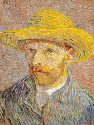 Vintage Post-Impressionist self-portrait by Vincent van Gogh, featuring the artist in a straw hat, intense gaze, and vibrant brushwork in blue and yellow tones.