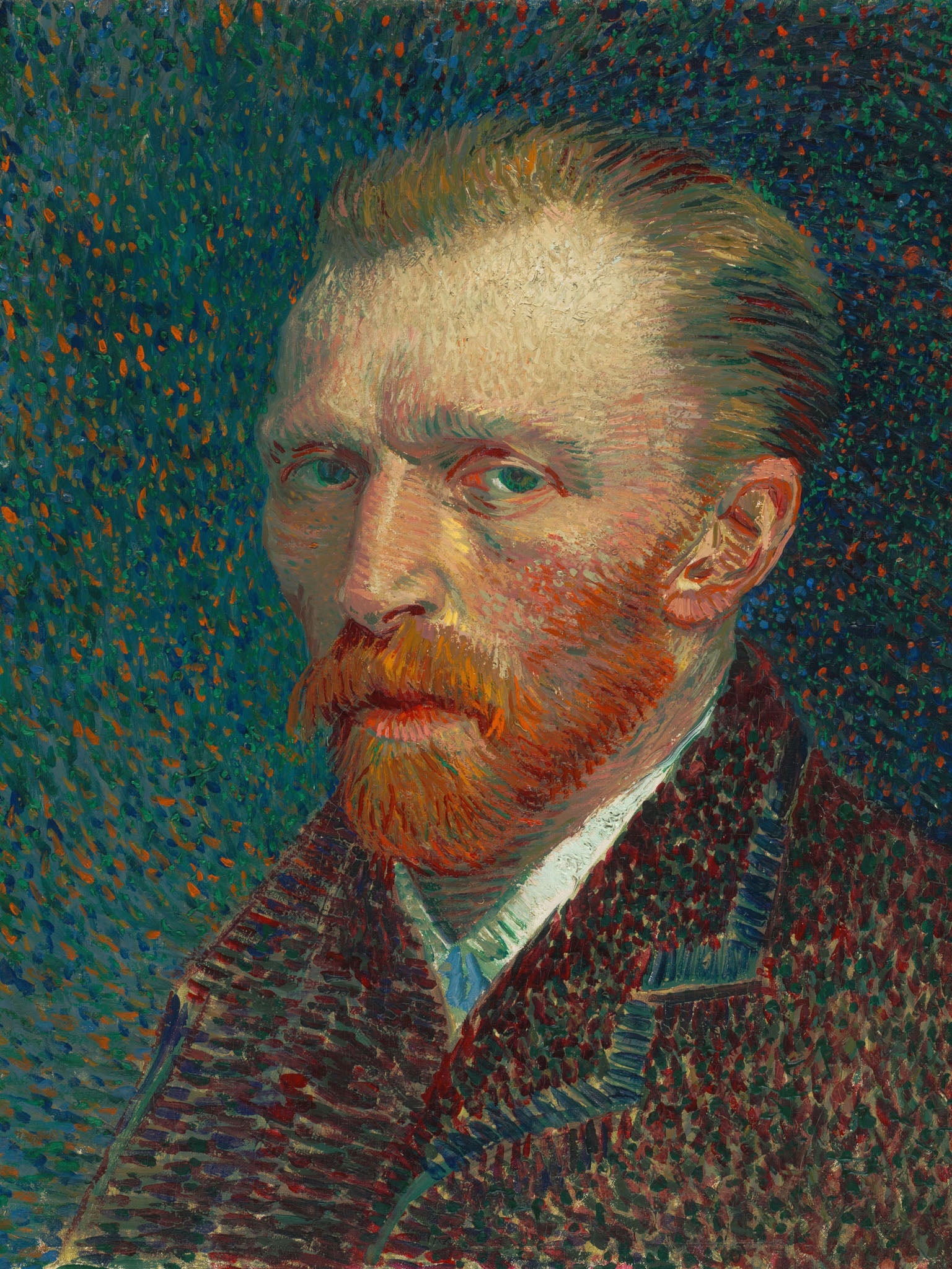 Vincent van Gogh's classic Post-Impressionist self-portrait, featuring an intense gaze, textured brush strokes, and a vivid color palette including black, orange, and navy.