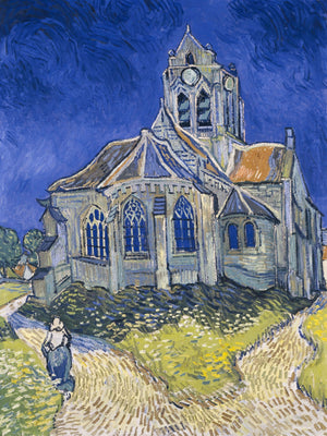 Vincent van Gogh's "The Church in Auvers-sur-Oise, View from the Chevet," featuring Gothic architecture, a rural landscape, and expressive brushstrokes in blue, green, and beige.