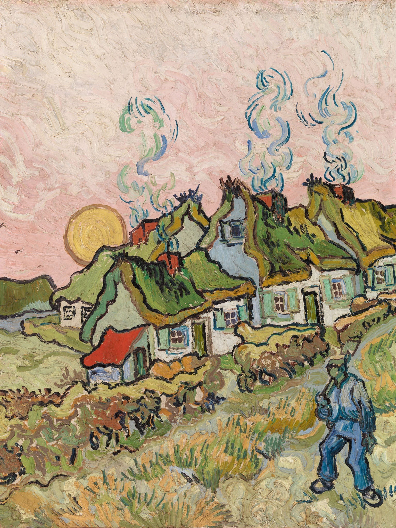 Van Gogh's "Pink Sky Houses and Figure," showing a rural scene with thatched-roof houses, a swirling pink sky, and a figure walking along a path, in vibrant Post-Impressionist style.