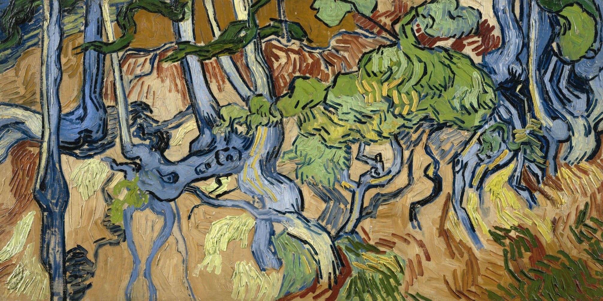 Vincent van Gogh's painting of tree roots and trunks, highlighting the vibrant colors and dynamic textures of nature.