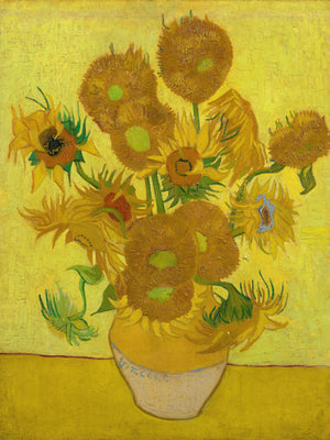 Vincent Van Gogh's "Sunflowers," featuring vibrant yellow blooms in a vase, an iconic Post-Impressionist still life with rich textures and bright colors.