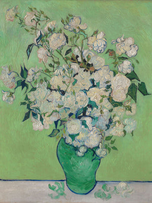 Vincent Van Gogh's "Roses 1890," an elegant Post-Impressionist still life featuring roses in a vase with a blend of silver, green, and white, capturing delicate blooms and serene beauty.