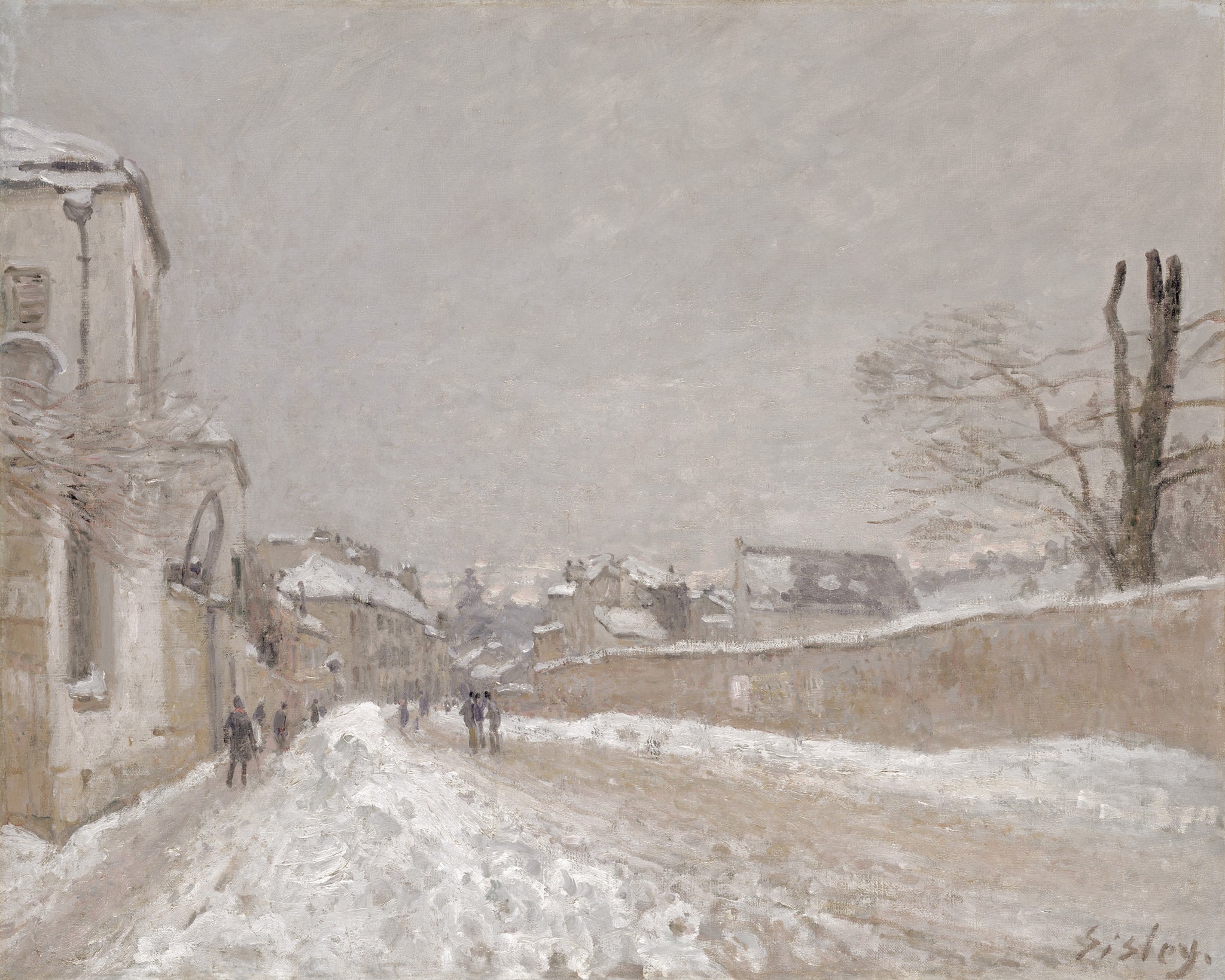 Impressionist art print of a snow-covered French village street in winter, with figures in dark coats walking along a road flanked by a stone building and long wall, a bare tree in the foreground, and misty grey rooftops receding into an overcast sky. Muted palette of whites, greys, and warm tans in loose Impressionist brushwork by Alfred Sisley, 1891, Patina Edition.