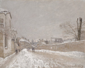 Impressionist art print of a snow-covered French village street in winter, with figures in dark coats walking along a road flanked by a stone building and long wall, a bare tree in the foreground, and misty grey rooftops receding into an overcast sky. Muted palette of whites, greys, and warm tans in loose Impressionist brushwork by Alfred Sisley, 1891, Patina Edition.