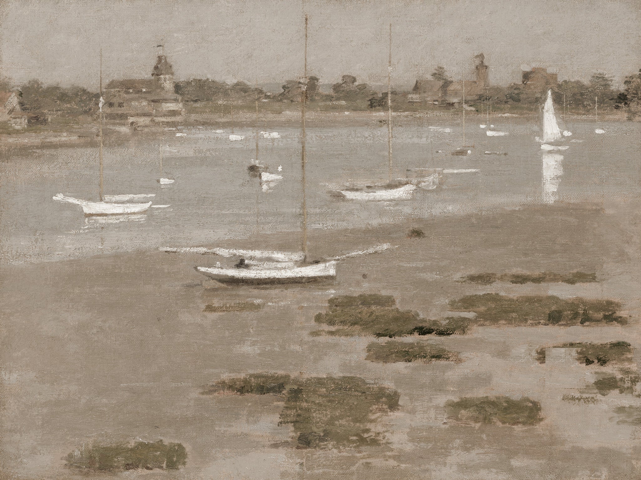 Fine art print of a tonalist harbor scene by Theodore Robinson, 1894, depicting sailboats and small vessels anchored in calm misty water, with exposed tidal mudflats in the foreground and a hazy distant shoreline, rendered in muted taupes, grays, and warm beiges.