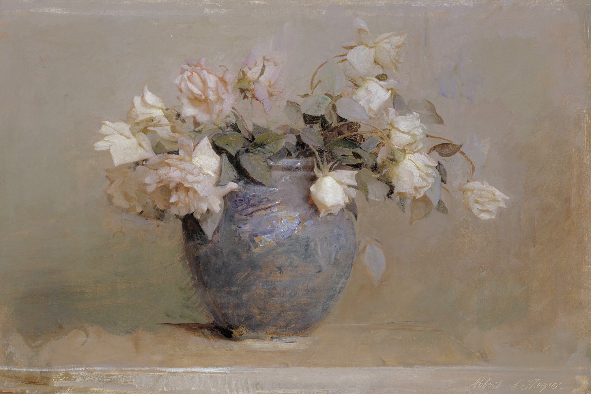 Fine art print of Roses 1890 by Abbott Handerson Thayer, Patina Edition — a horizontal still life showing pale blush and ivory roses arranged in a rounded blue-gray ceramic vase, painted in soft impressionistic brushwork with green foliage against a muted warm gray background.