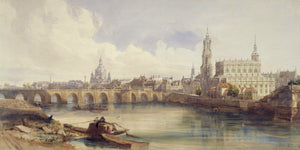 A 19th-century Romantic watercolor panorama by Thomas Shotter Boys showing the Dresden skyline from the south bank of the River Elbe, with moored flat-bottomed boats and figures in the foreground, a multi-arched stone bridge in the middle ground, and the Frauenkirche dome, Hofkirche tower, and Royal Palace visible beneath dramatic cumulus clouds in warm ochre and cream tones.
