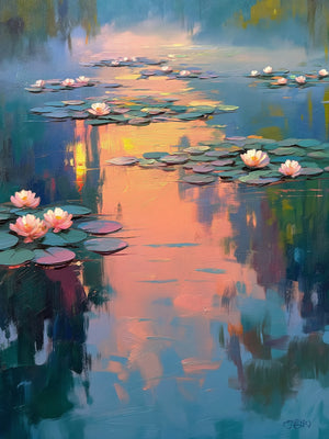 Impressionist-style oil painting of a serene lily pond at sunset, with pink water lily blooms on teal and green lily pads, reflecting a warm glowing sky of peach, gold, and soft blue. Visible impasto brushwork throughout. By Jay Bryant Ward.