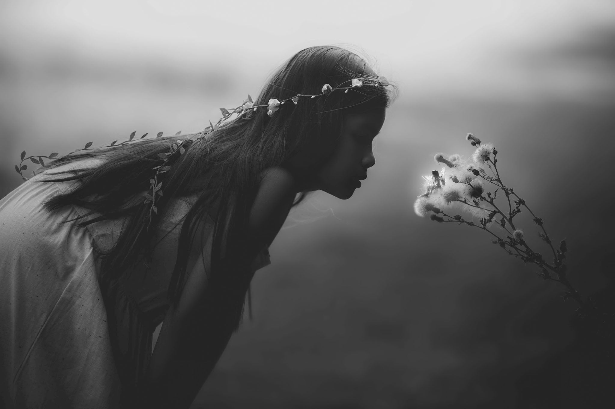 Monochrome photograph featuring a young girl encountering a whimsical, ethereal scene with dandelions and a floral crown. The image’s soft focus and subdued light evoke a dreamy, magical atmosphere, highlighting innocence and fantasy in a tranquil, enchanting setting.