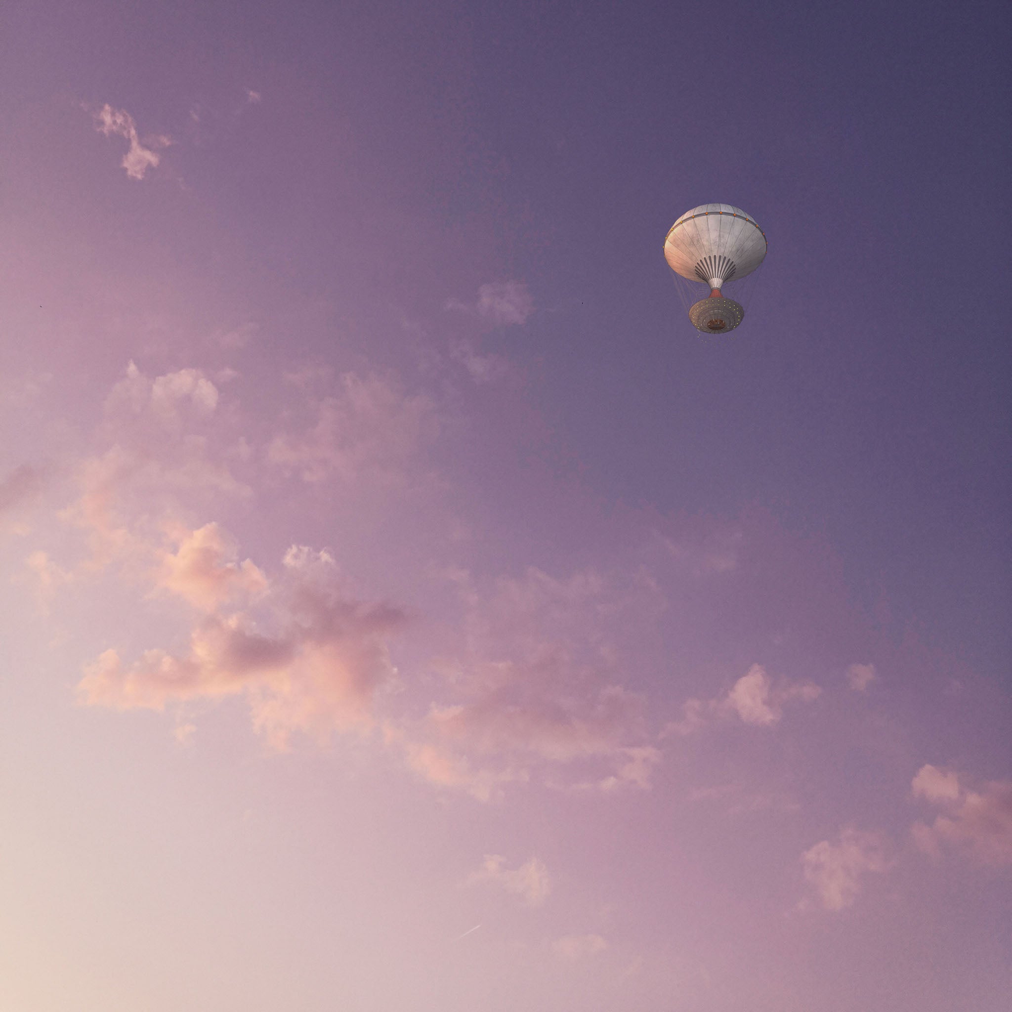 Fantasy illustration of a hot air balloon floating through a tranquil dusk sky with pink, purple, and rose gold hues, evoking serenity and adventure.