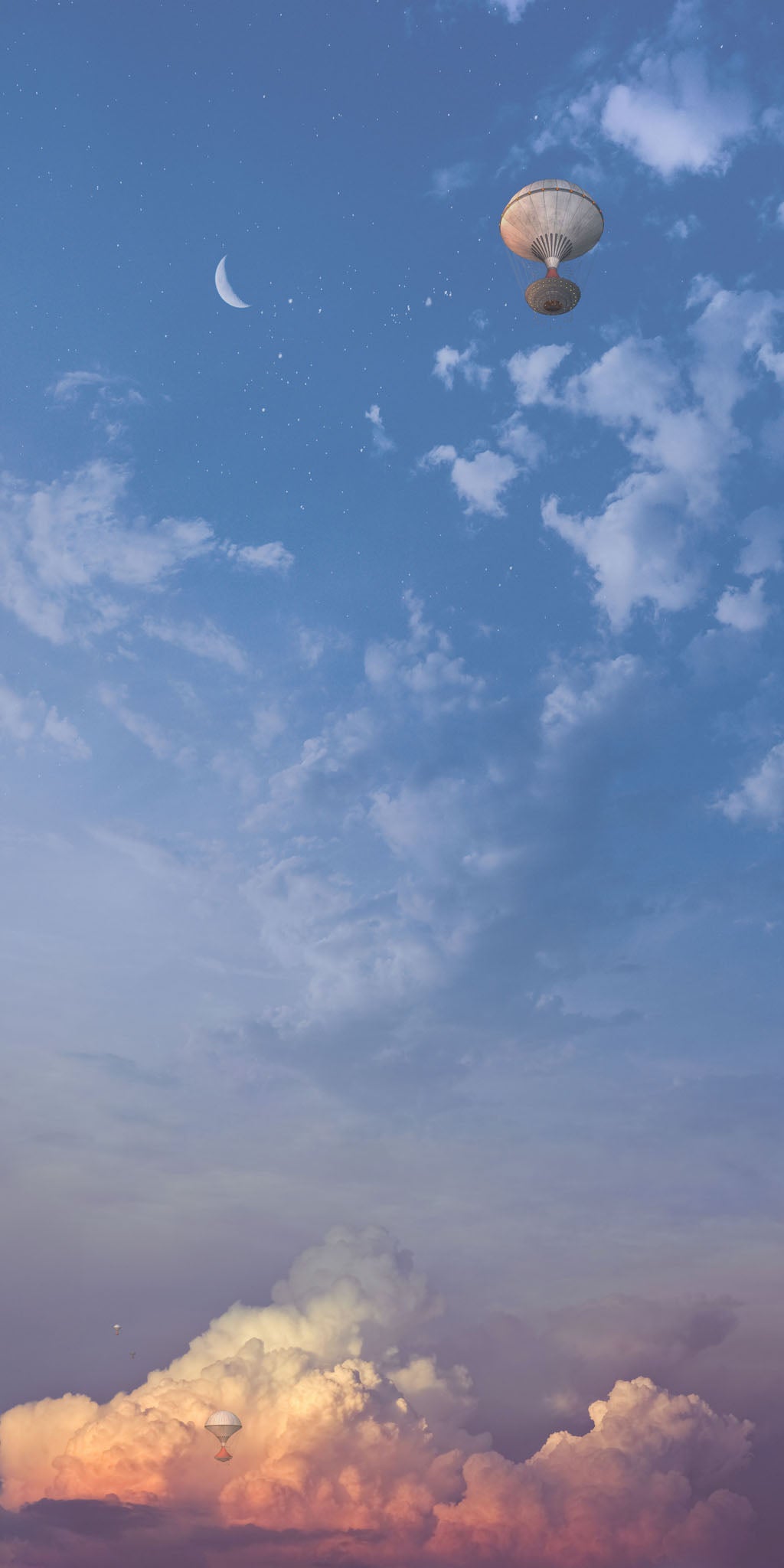 An illustration of an airship floating among stars in a pastel twilight sky, with fluffy clouds and a crescent moon.