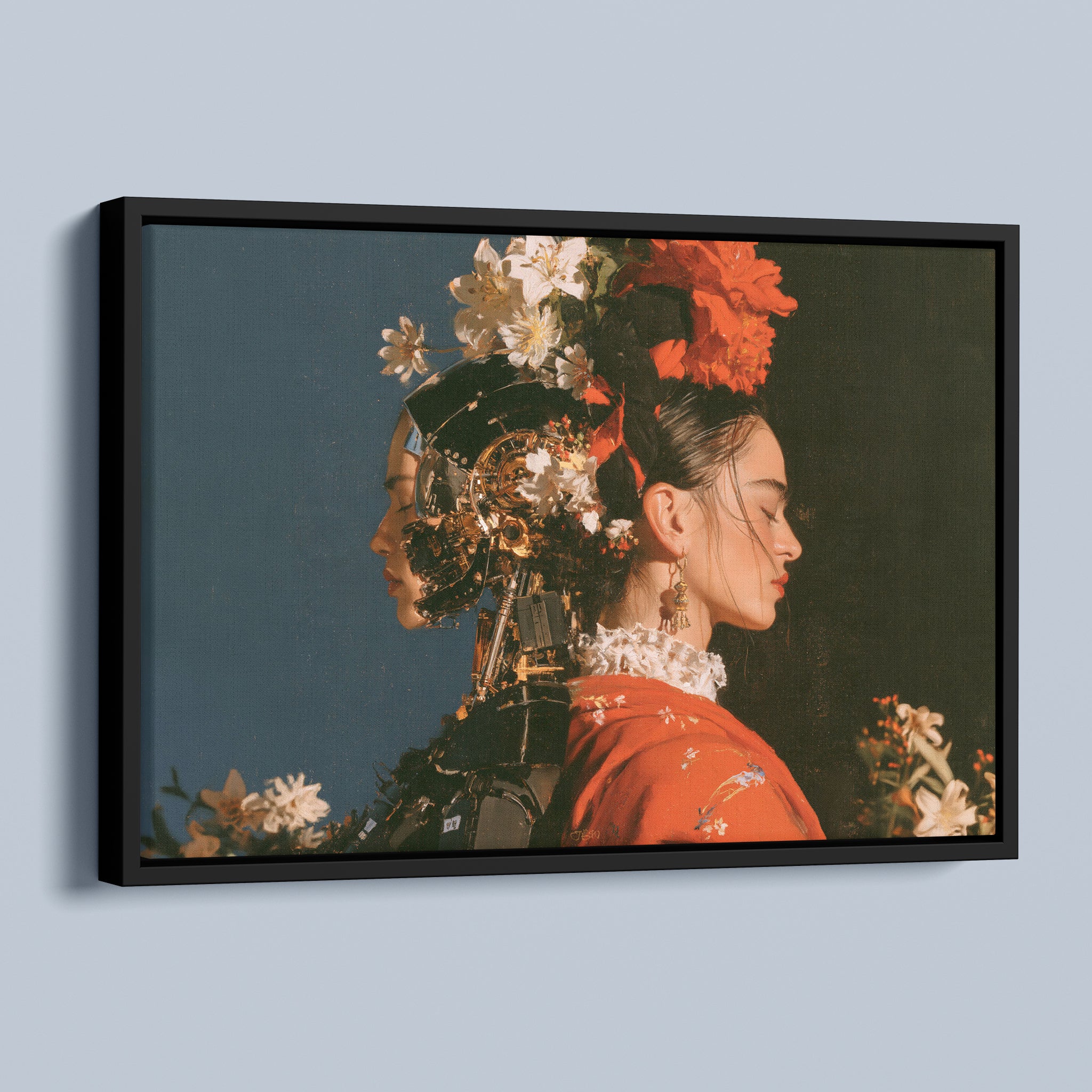Two Natures framed canvas in a black frame, angled view