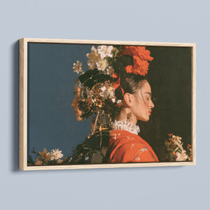 Two Natures framed canvas in a natural light wood frame, angled view
