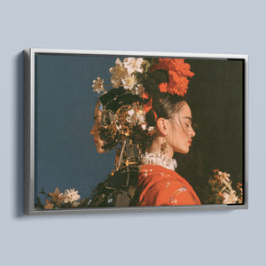Two Natures framed canvas in a silver frame, angled view