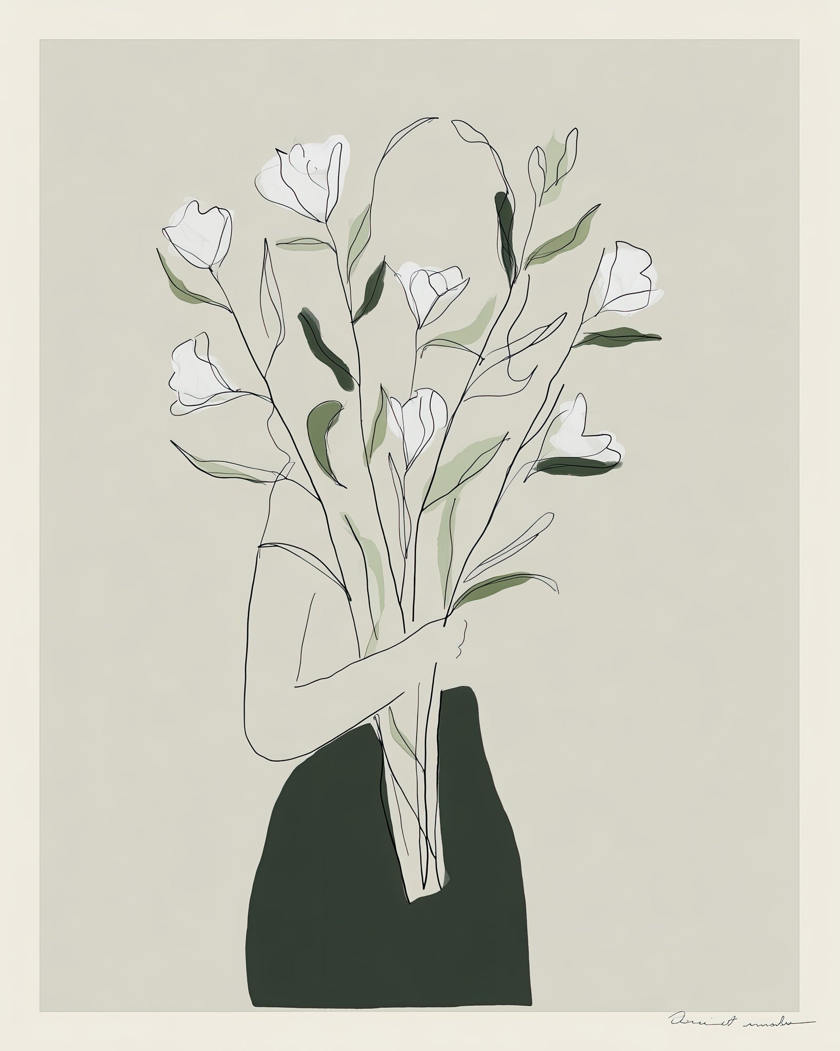 Minimalist line-art illustration of a faceless female figure in a forest green garment holding a large bouquet of white tulip-like flowers with sage green leaves, rendered in delicate single-line style against a warm gray background, by Jay Bryant Ward.