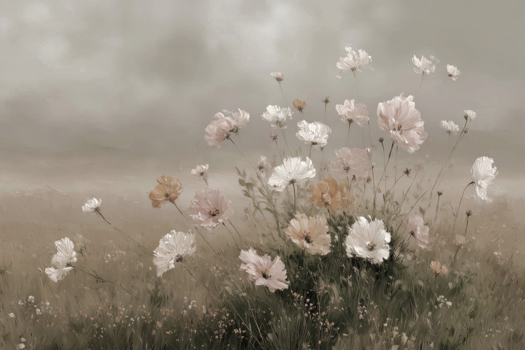 Painterly oil-style art print of wild cosmos flowers in soft white, blush pink, and warm tawny tones rising from a misty meadow beneath a hazy overcast sky, rendered with loose impressionistic brushwork.