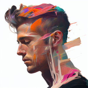 Digital art print of a young man in profile facing left with eyes closed, rendered in photorealistic detail that transitions into bold abstract brushstrokes of orange, magenta, teal, purple, and peach cascading across the hair and shoulders against a white background, by artist Jay Bryant Ward.