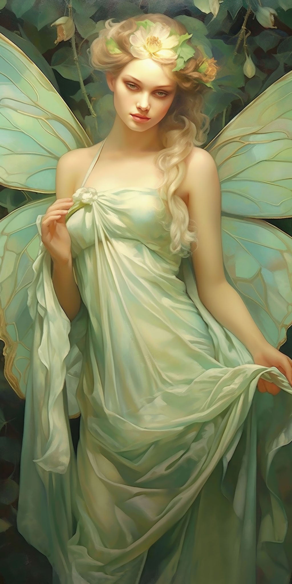 An ethereal portrait of a mythical nymph with dragonfly wings, wearing a flowing gown and exuding elegance and serenity.