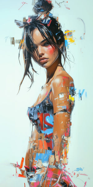 Vertical mixed-media digital painting of a young woman with dark hair in a messy bun, her realistically rendered face and shoulders transitioning into bold graffiti brushstrokes, paint splatters, and collage fragments in red, blue, yellow, and orange against a white background, signed JSW in the lower right corner.