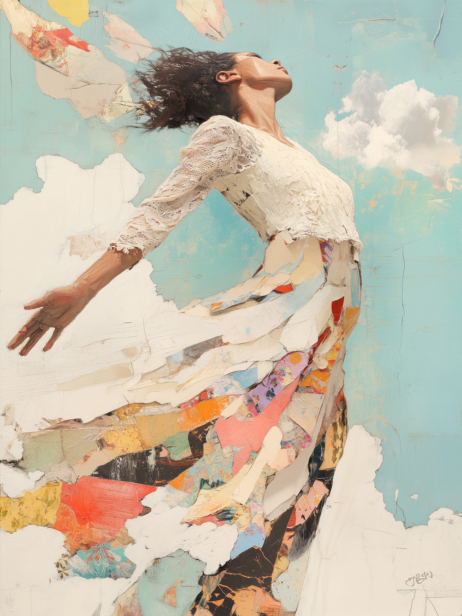 Mixed-media collage painting of a woman in a white lace top with arms outstretched and head tilted back against a soft sky-blue background with impressionistic clouds. Her upper figure is rendered in a near-photorealistic style while her lower body dissolves into a vibrant cascade of torn-paper collage elements in oranges, reds, blues, yellows, and blacks. Dark curly hair streams behind her suggesting wind and movement.