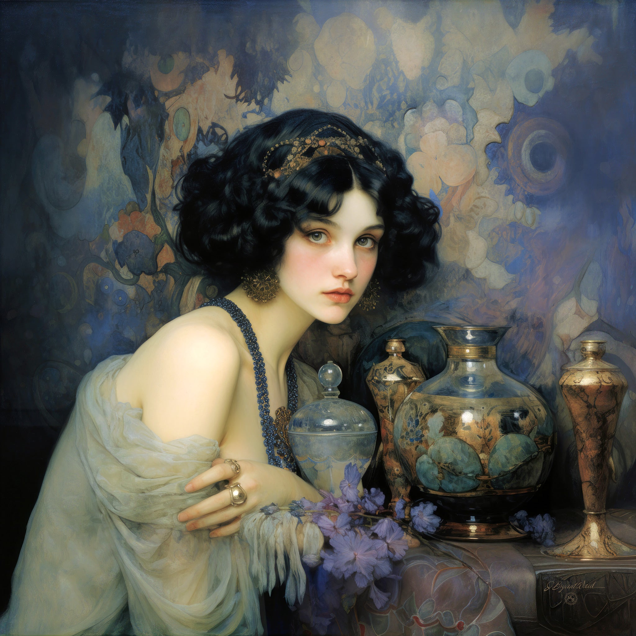 Painterly digital portrait in Art Nouveau style depicting a young brunette woman with dark curly hair, a gold headpiece, and ornate gold earrings, wearing a sheer ivory wrap with a beaded blue shoulder strap. She leans beside decorative glass and ceramic vessels including a lidded jar, a teal painted vase, and a marbled urn, with loose lavender flowers nearby. The background features an abstract floral pattern in muted blues, peaches, and golds. Palette of deep navy, warm gold, and soft ivory.