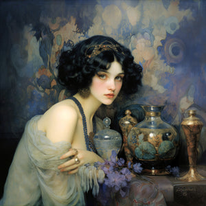 Painterly digital portrait in Art Nouveau style depicting a young brunette woman with dark curly hair, a gold headpiece, and ornate gold earrings, wearing a sheer ivory wrap with a beaded blue shoulder strap. She leans beside decorative glass and ceramic vessels including a lidded jar, a teal painted vase, and a marbled urn, with loose lavender flowers nearby. The background features an abstract floral pattern in muted blues, peaches, and golds. Palette of deep navy, warm gold, and soft ivory.