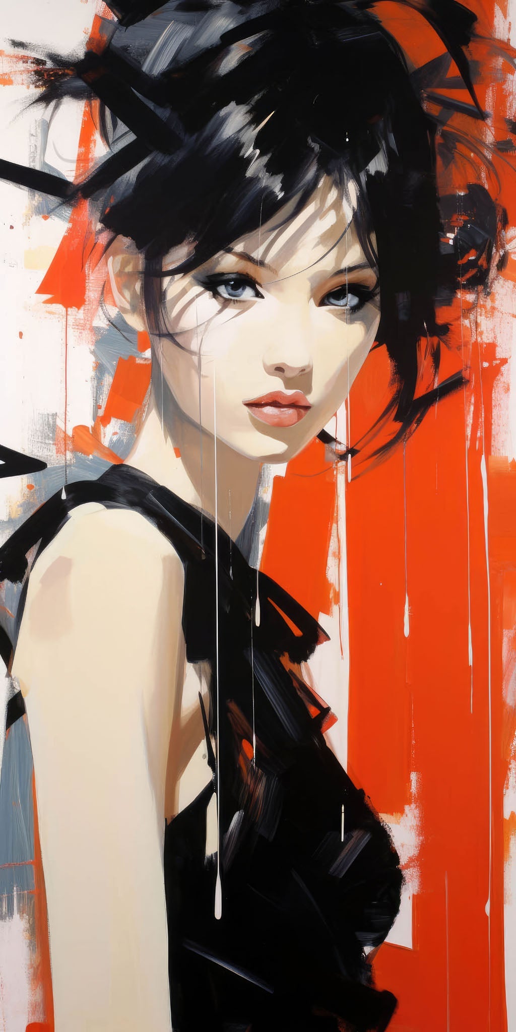 Fashion illustration of a woman in a black dress, set against a bold red background, featuring expressive brushstrokes, abstract elements, and a mysterious gaze.