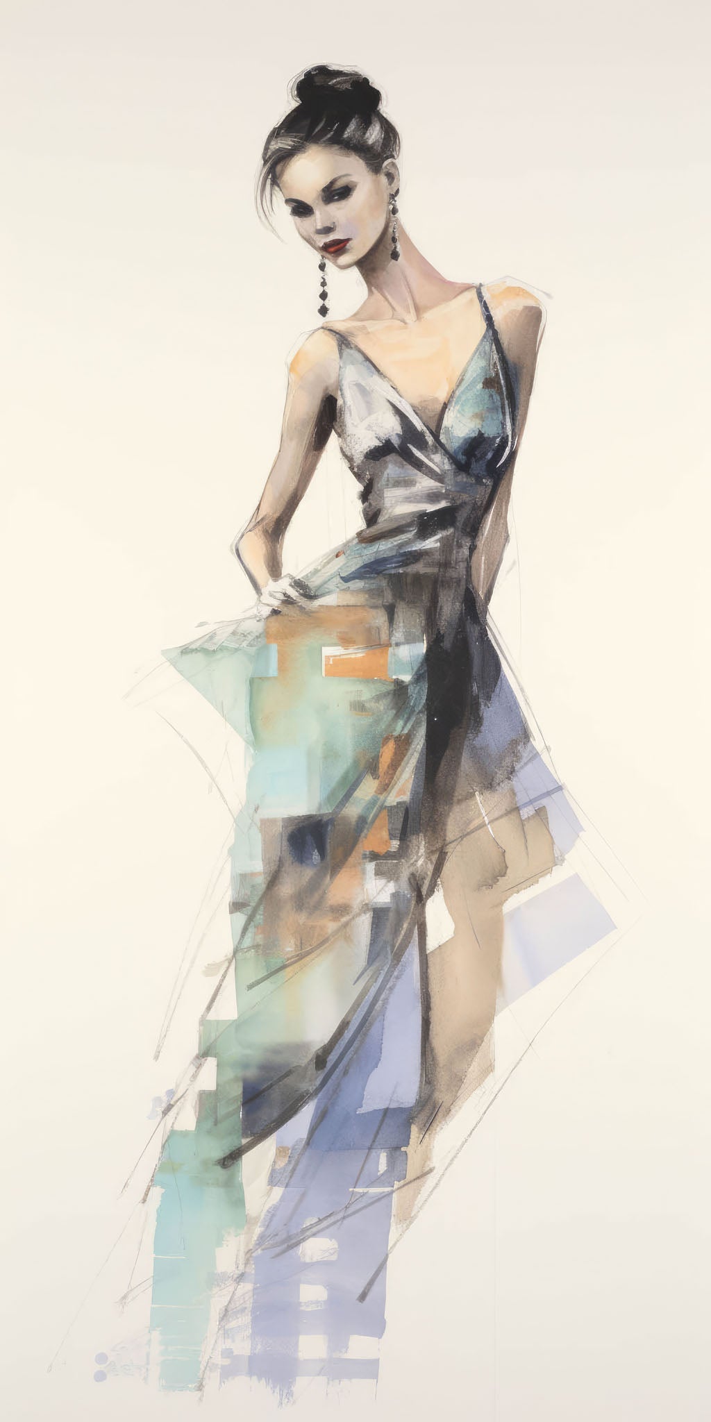 Vintage fashion illustration of a woman in a flowing dress, created in soft watercolor tones of beige, blue, and white, exuding elegance and grace.