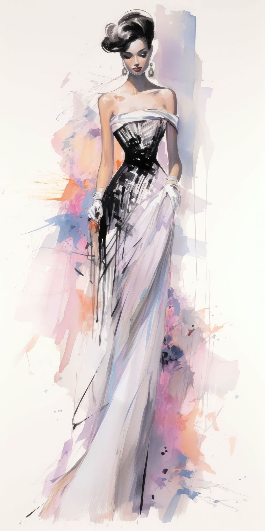 Vintage fashion illustration of a woman in a flowing dress, created in soft watercolor tones of beige, blue, and white, exuding elegance and grace.