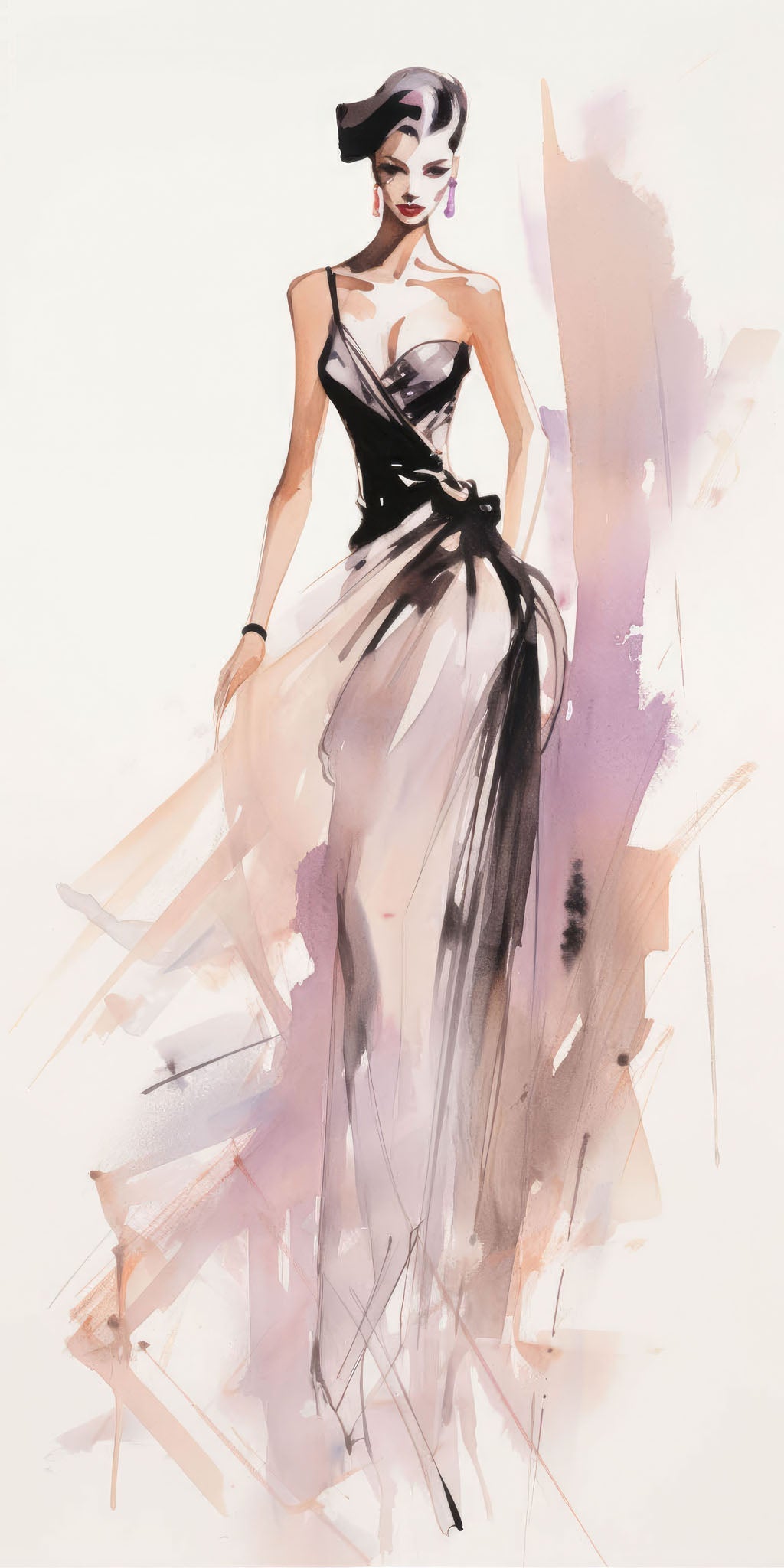 Vintage fashion illustration of a woman in a flowing dress, created in soft watercolor tones of beige, blue, and white, exuding elegance and grace.