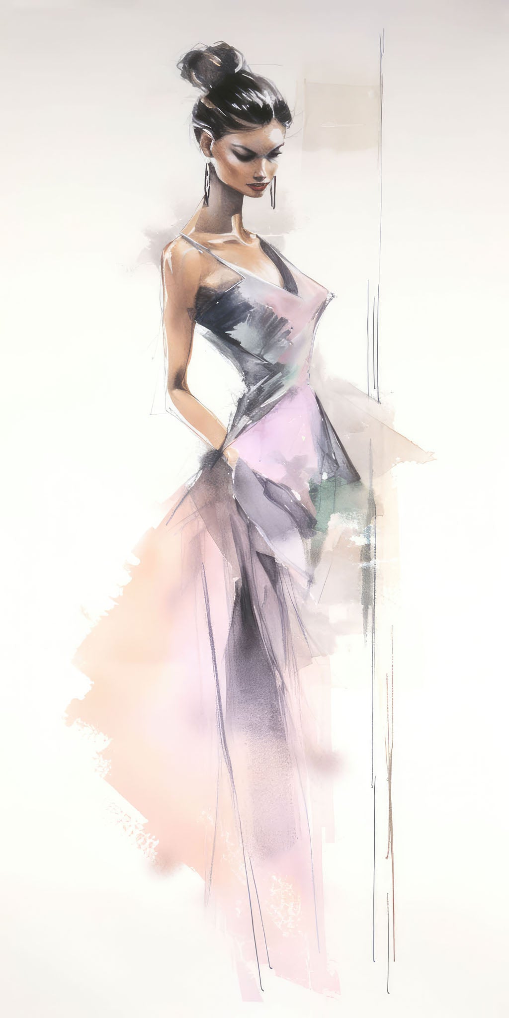 Vintage fashion illustration of a woman in a flowing dress, created in soft watercolor tones of beige, blue, and white, exuding elegance and grace.