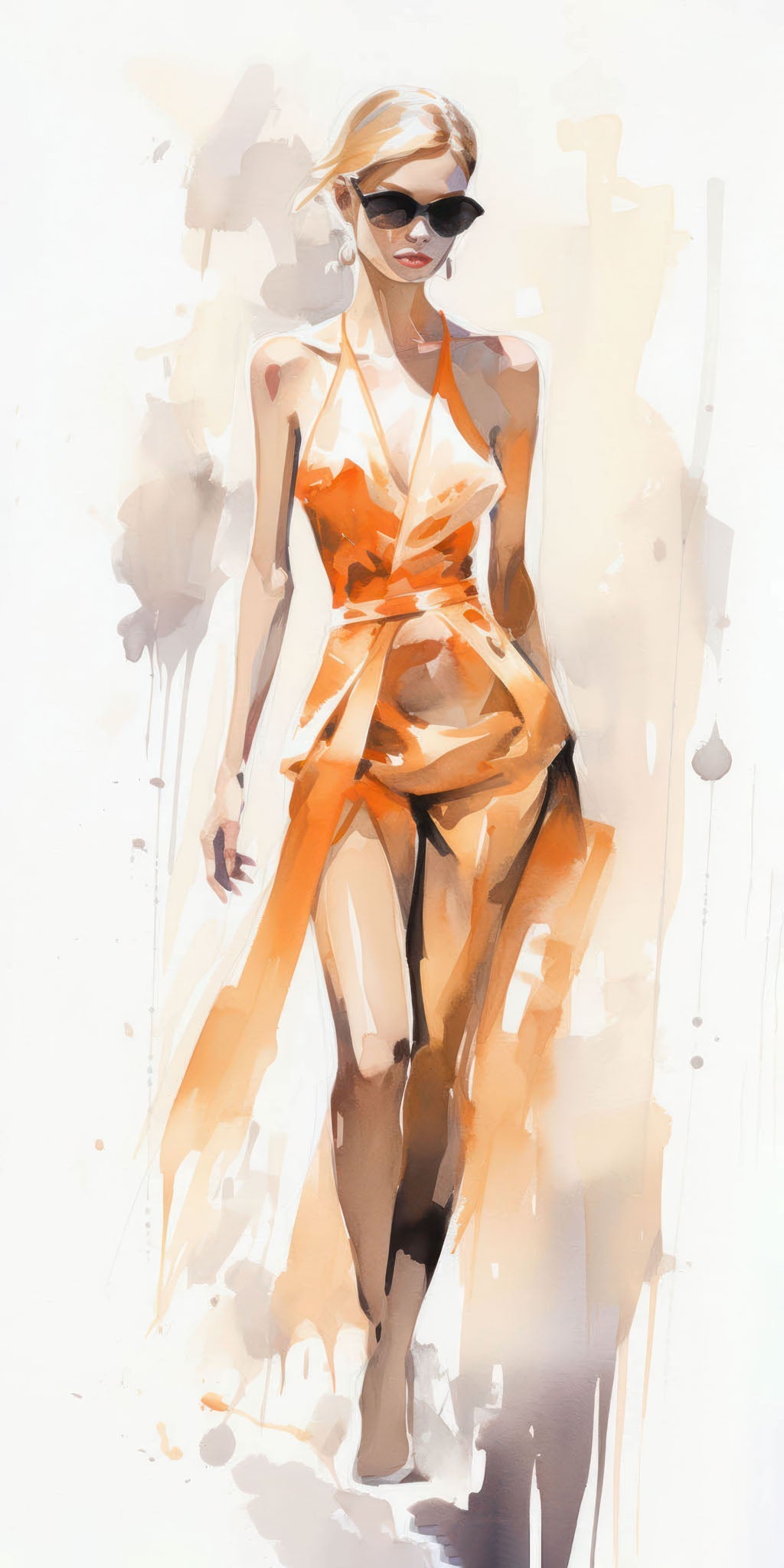 Watercolor illustration of a stylish woman in an orange dress and sunglasses, set in warm, sunny tones with a casual yet chic vibe.