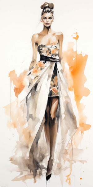 Elegant watercolor illustration of a female model in a flowing gown with a floral pattern, embodying autumn's beauty through stylish and modern design.