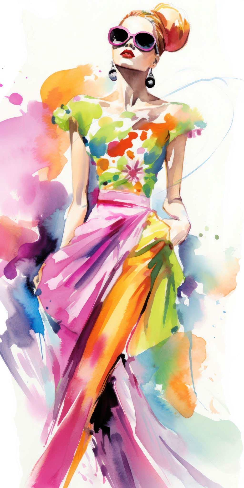 Chic watercolor fashion illustration of a stylish female model in a flowing dress and sunglasses, embodying the vibrant and whimsical essence of spring fashion.