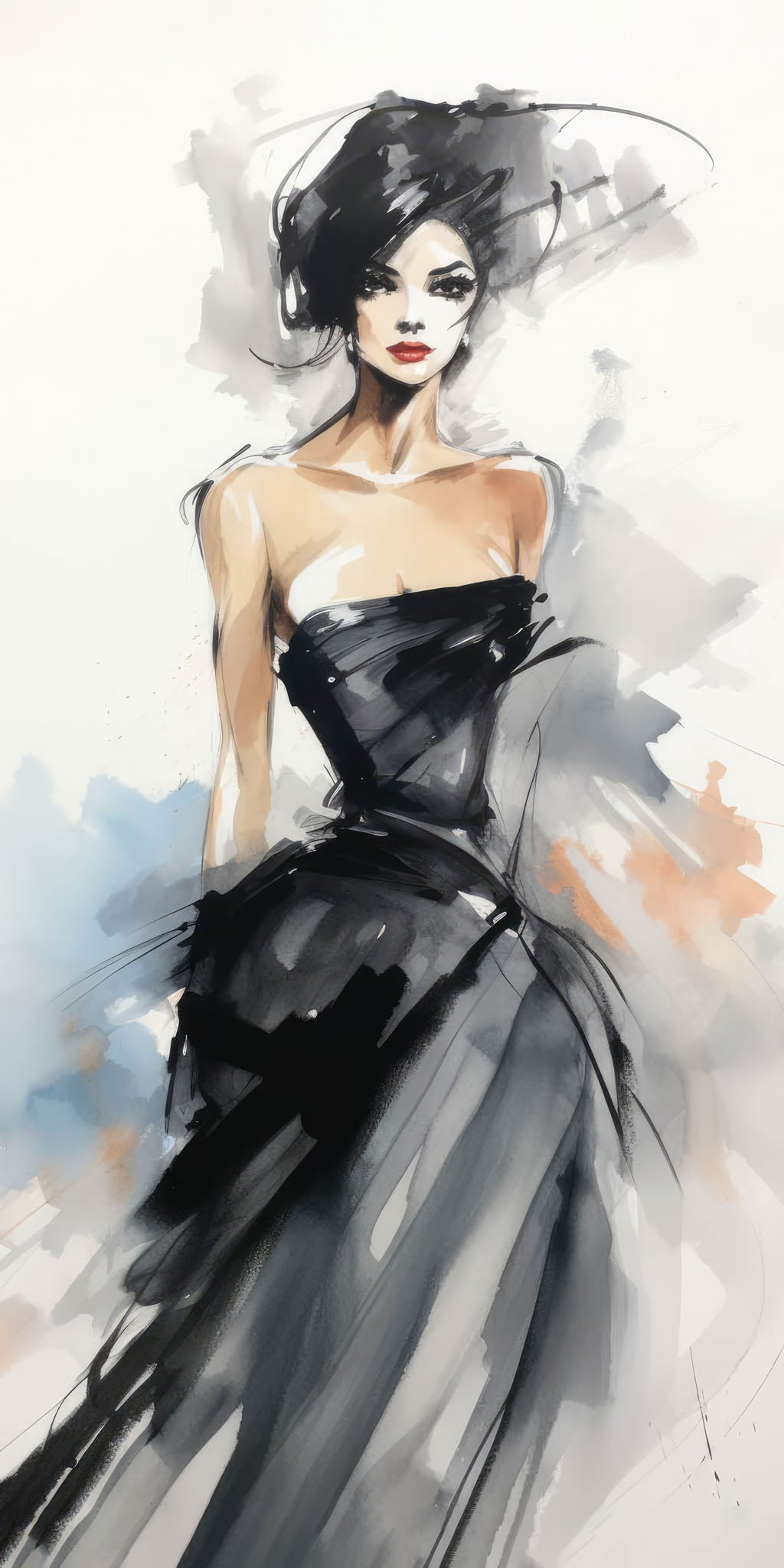 Elegant watercolor illustration of a sophisticated woman in a chic black dress with a stylish hat, set against an abstract background of beige, blue, and white hues, embodying modern glamour and beauty.