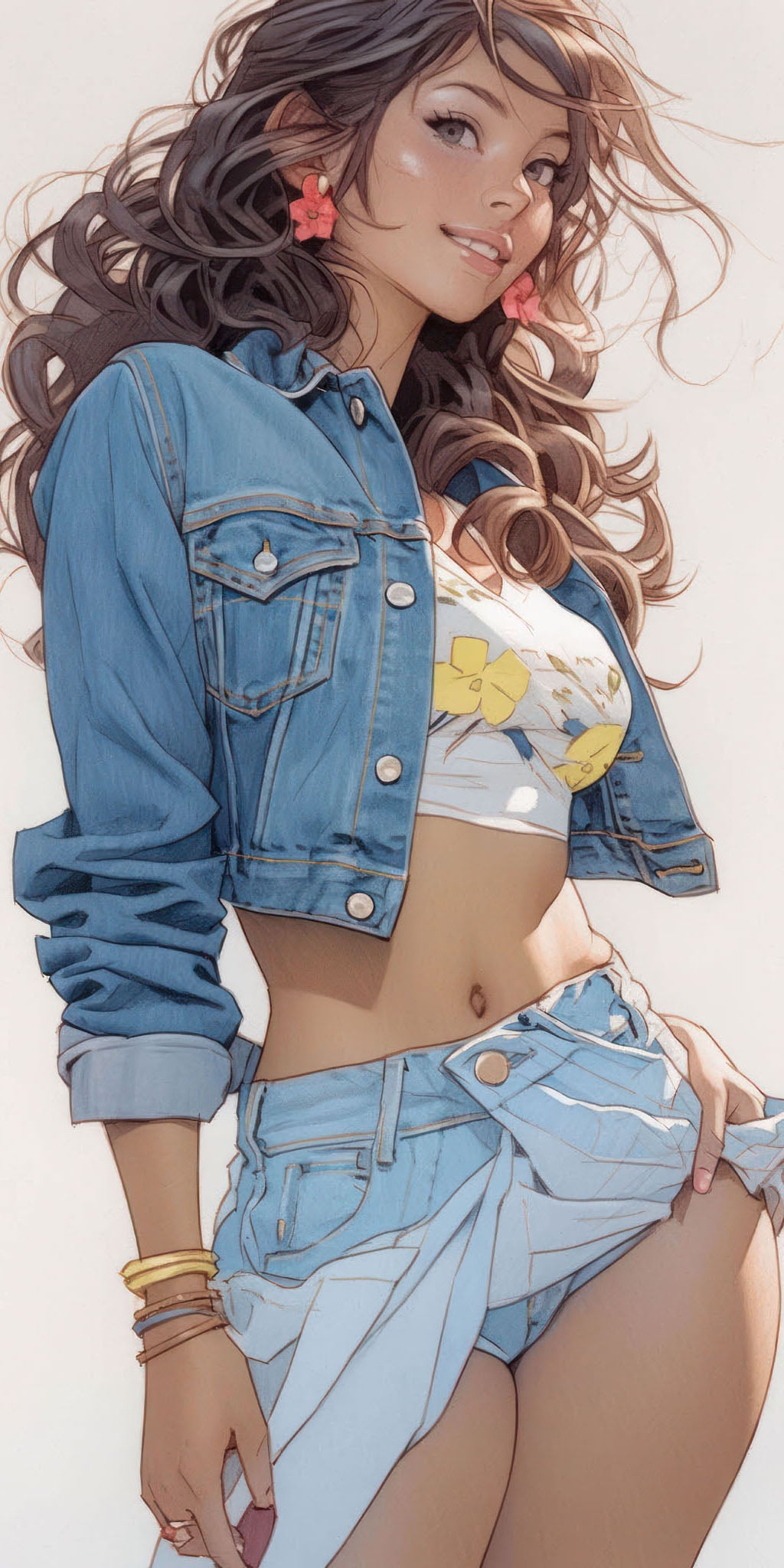 Cheerful fashion illustration of a young woman in a cropped denim jacket, smiling confidently against a soft blue, beige, and white backdrop, with butterflies and flower earrings adding a playful touch to her summer style.