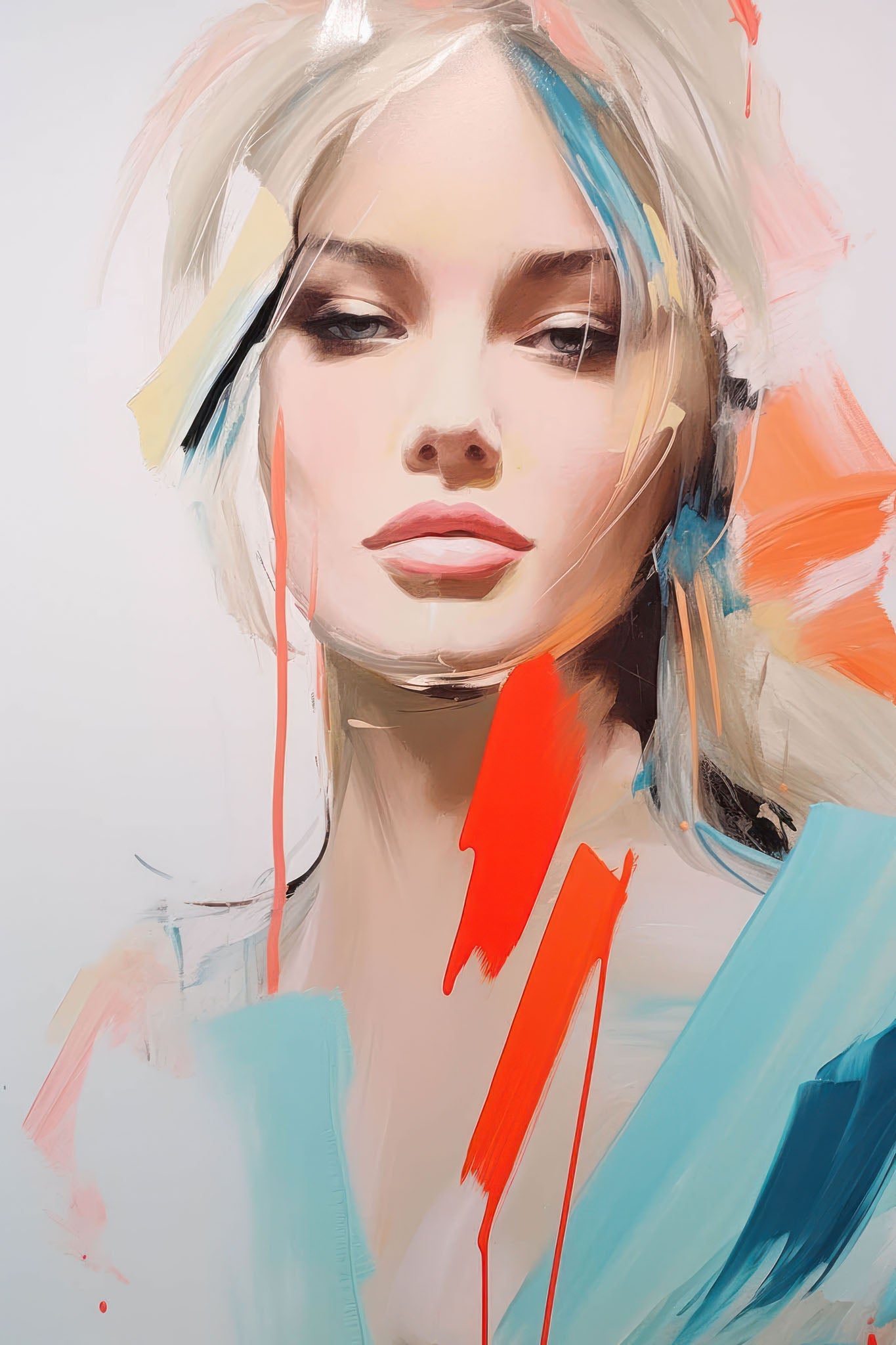 Abstract portrait of a woman featuring vibrant colors, expressive brushstrokes, and textured contrasts of blue, red, and beige.