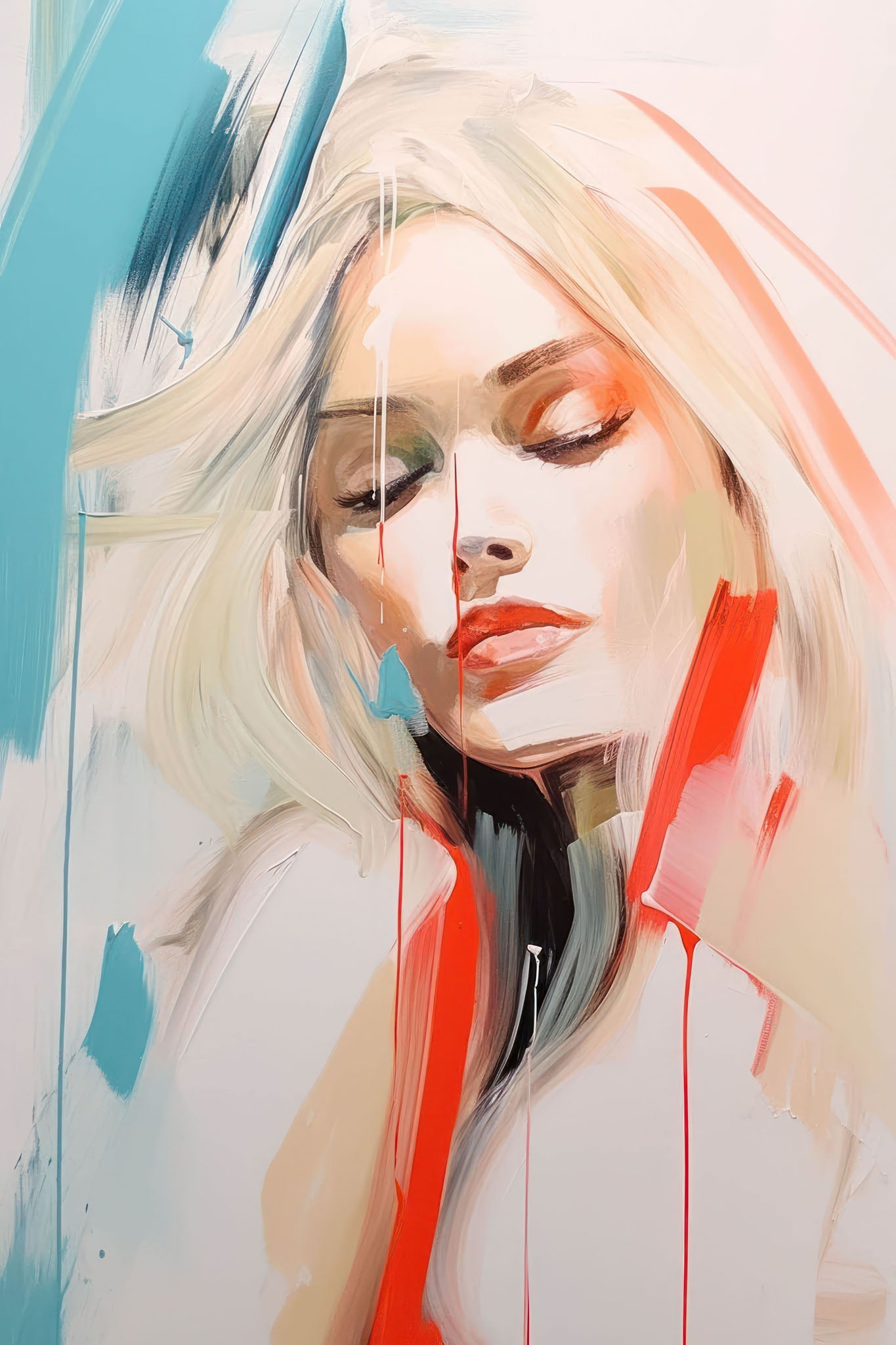 Abstract portrait of a woman featuring vibrant colors, expressive brushstrokes, and textured contrasts of blue, red, and beige.