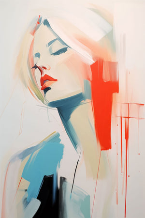 Abstract portrait of a woman featuring vibrant colors, expressive brushstrokes, and textured contrasts of blue, red, and beige.