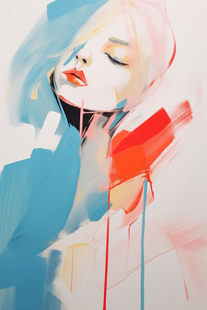 Abstract portrait of a woman featuring vibrant colors, expressive brushstrokes, and textured contrasts of blue, red, and beige.