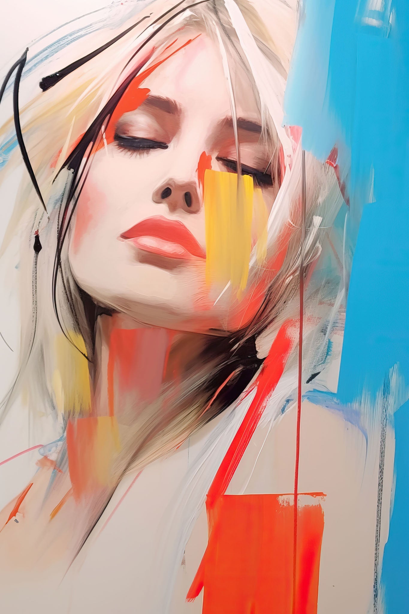 Abstract portrait of a woman featuring vibrant colors, expressive brushstrokes, and textured contrasts of blue, red, and beige.