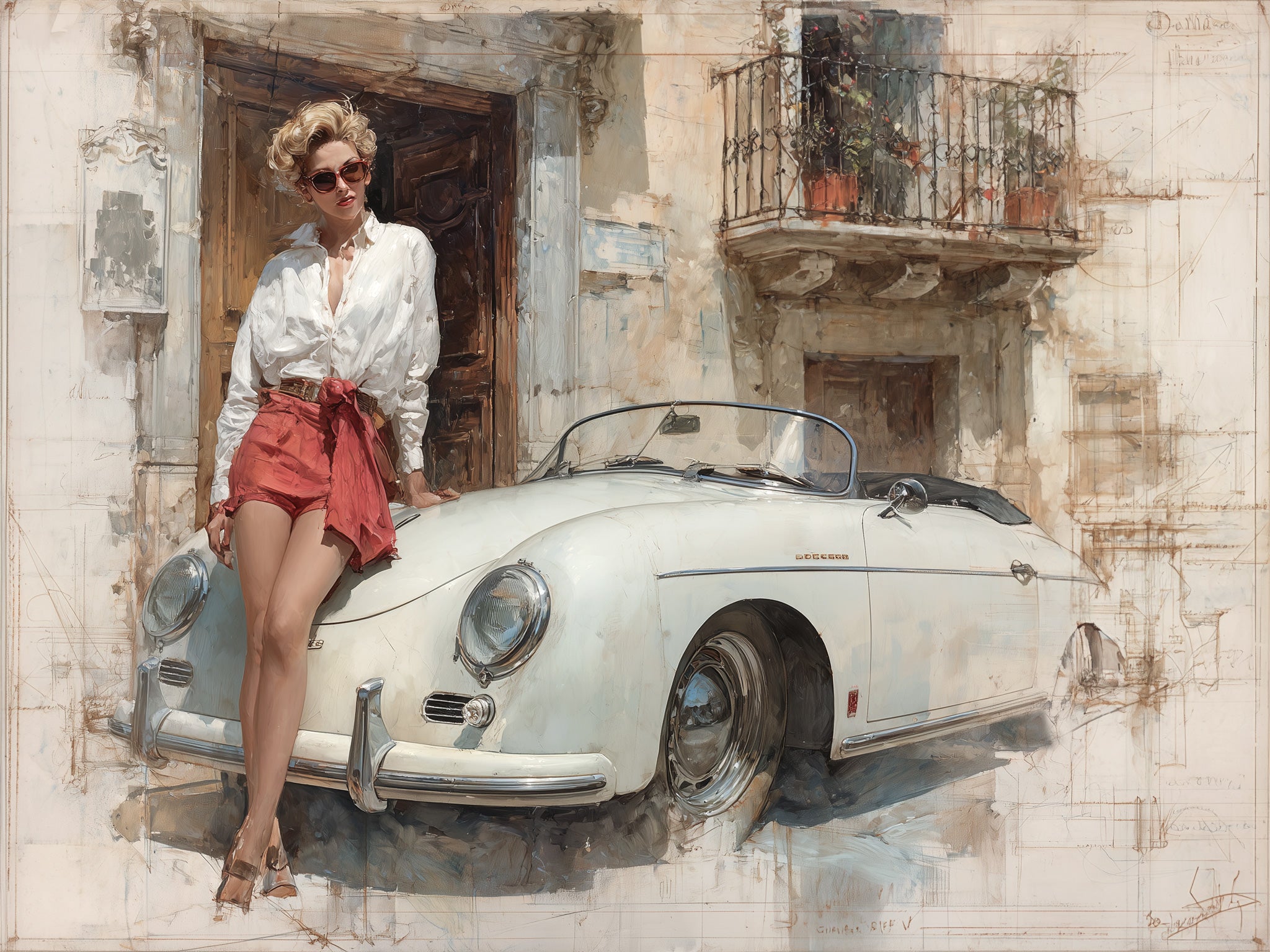 Mixed-media fine art illustration by Jay Bryant Ward showing a stylish blonde woman in red shorts and white linen shirt leaning against a white Porsche 356 Speedster convertible in front of aged stone buildings with ornate wooden doors and a wrought-iron balcony with terracotta flower pots, evoking a sun-drenched Italian village setting.