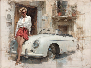 Mixed-media fine art illustration by Jay Bryant Ward showing a stylish blonde woman in red shorts and white linen shirt leaning against a white Porsche 356 Speedster convertible in front of aged stone buildings with ornate wooden doors and a wrought-iron balcony with terracotta flower pots, evoking a sun-drenched Italian village setting.