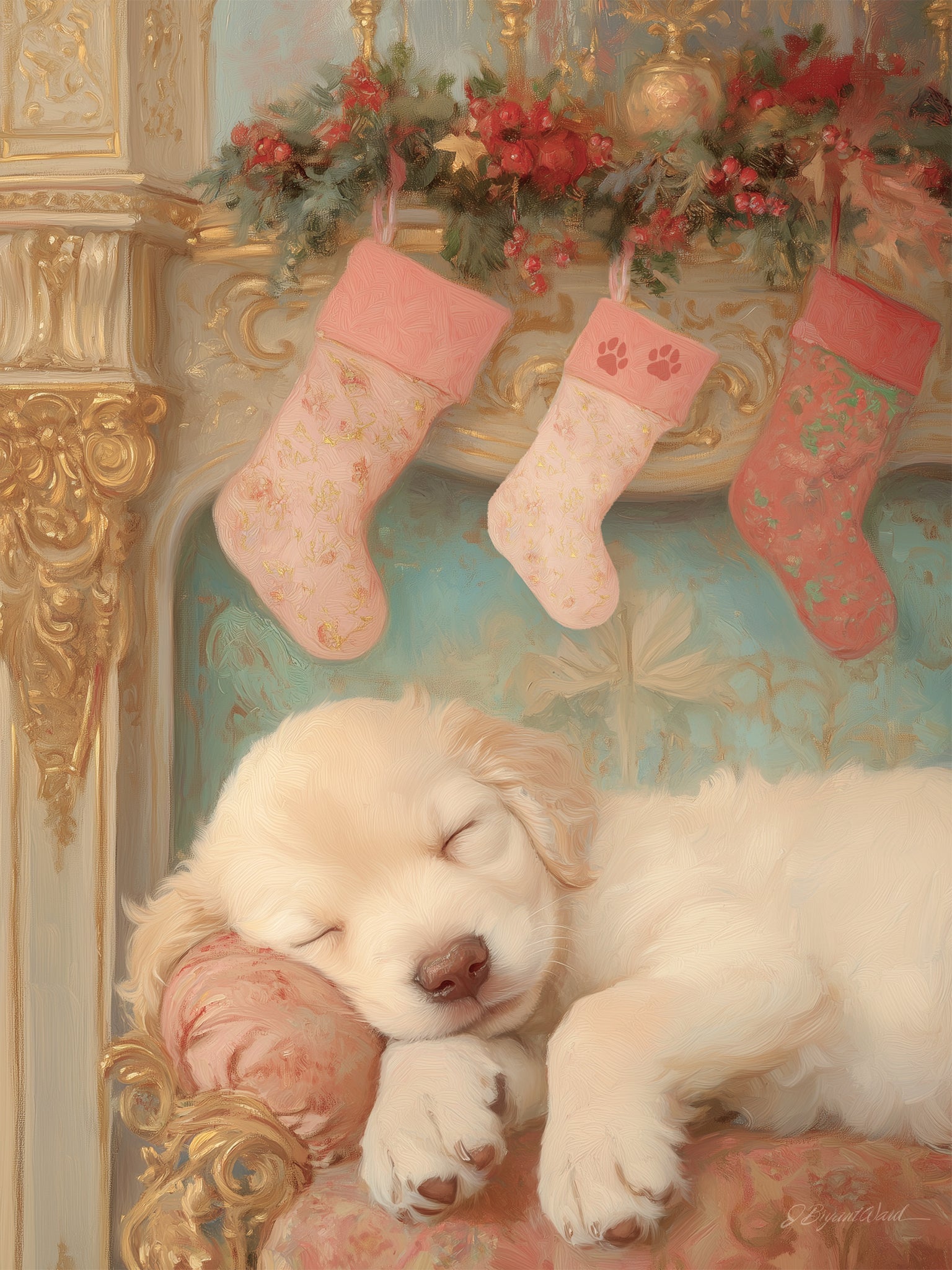 Detailed painting of a sleeping puppy curled up in front of a fireplace with hanging Christmas stockings, featuring soft vintage colors and a festive atmosphere in the style of James Christensen.