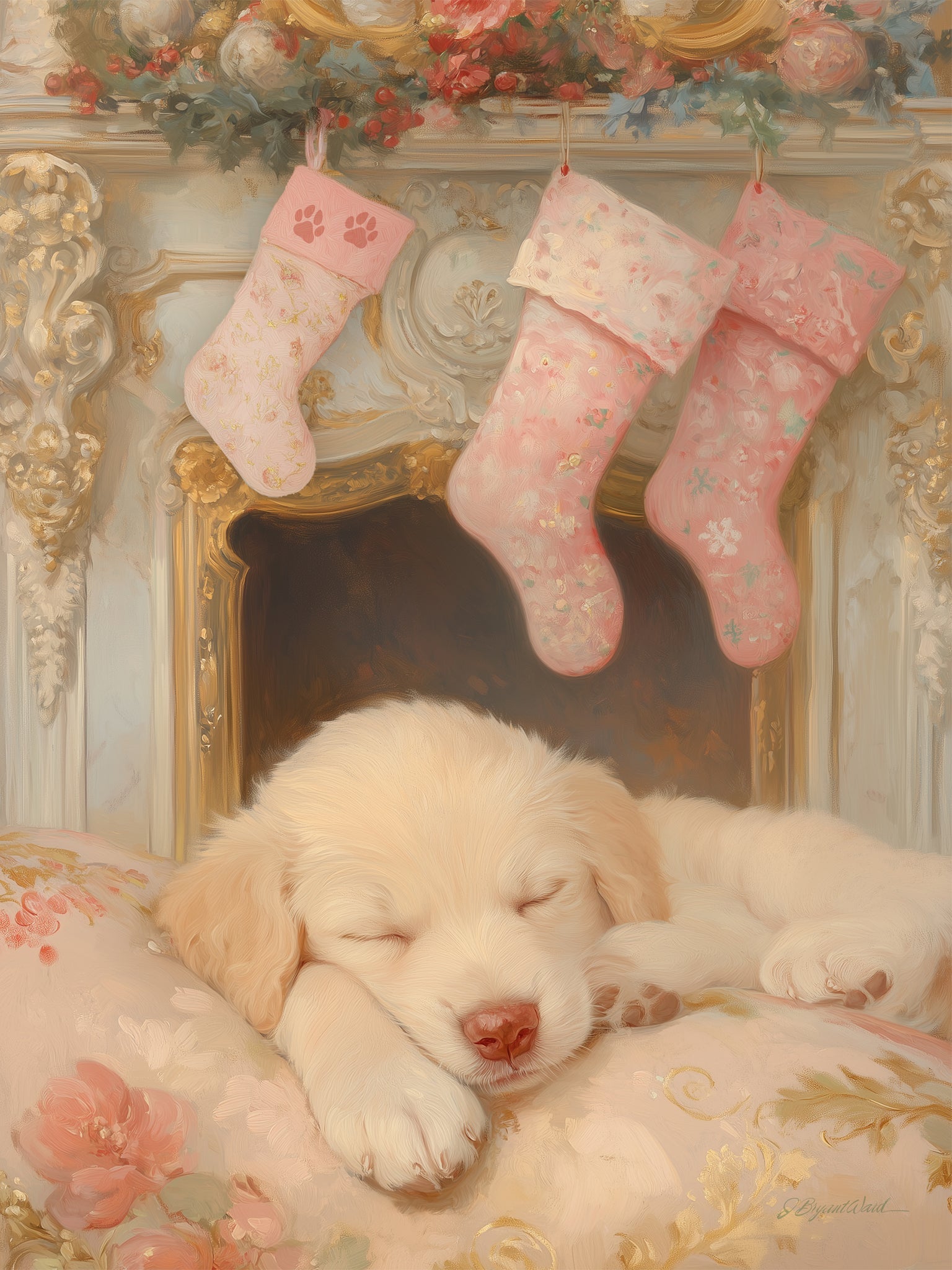 Detailed painting of a sleeping puppy nestled by an elegant fireplace with hanging Christmas stockings, rendered in soft vintage tones and influenced by James Christensen’s whimsical style.