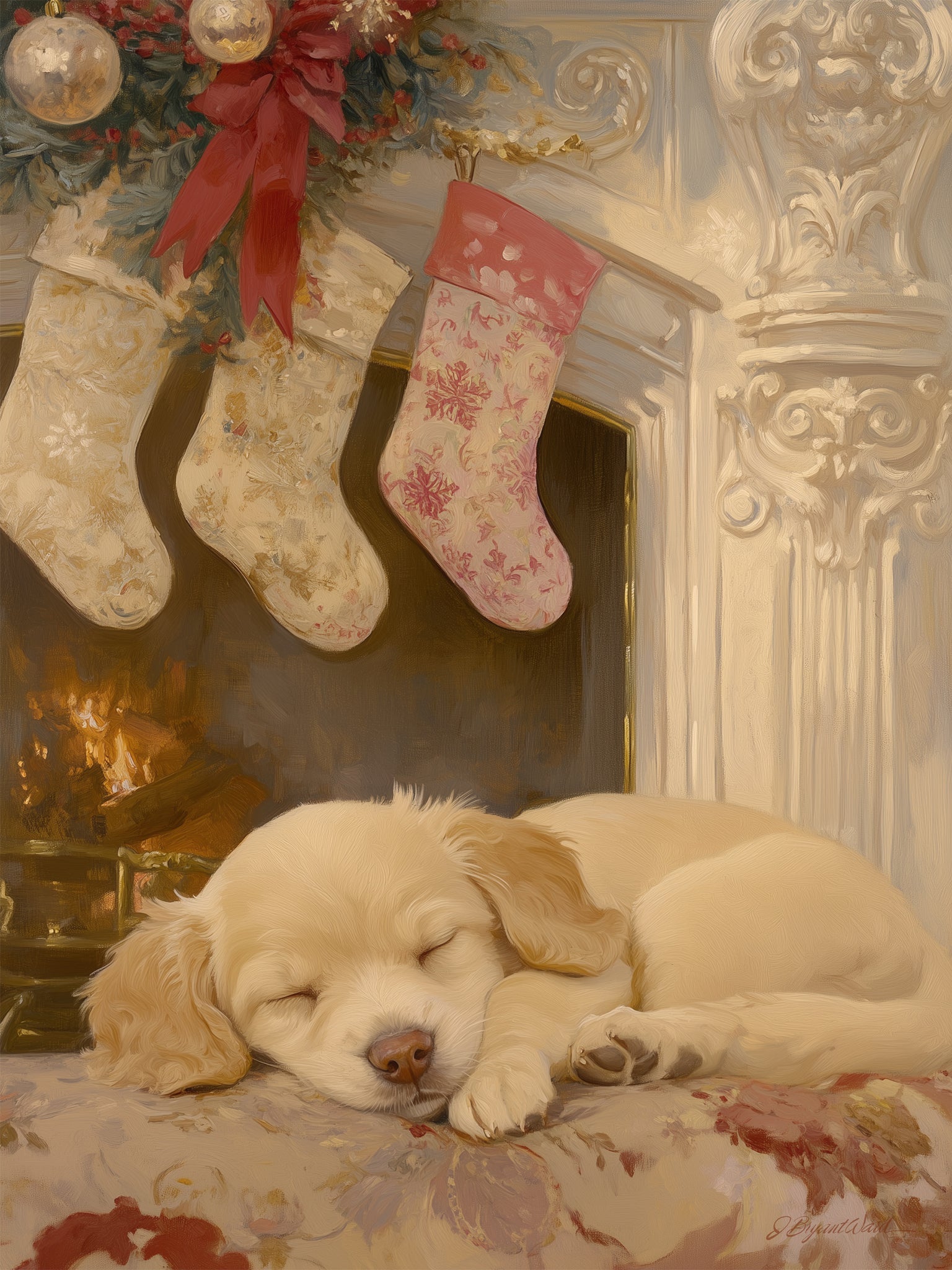 Detailed painting of a sleeping puppy curled by an ornate fireplace with stockings above, rendered in soft vintage colors in James Christensen’s detailed and whimsical style.